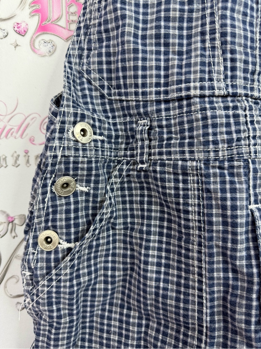 725 originals vintage overalls Girls Navy Plaid Short Overalls Jumper Romper - Picture 5 of 10